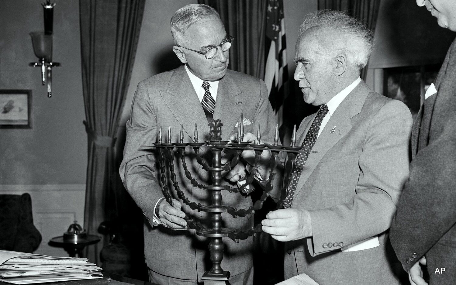 President Harry Truman receives a menorah from David Ben Gurion, May 8, 1951